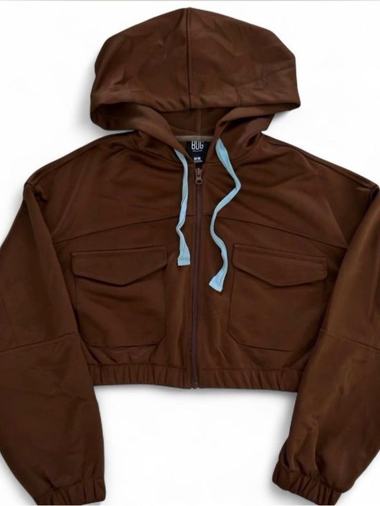 Urban Outfitters Jackets & Blazers - Urban Outfitters Brown Cropped Hooded Jacket with Light Blue Drawstrings